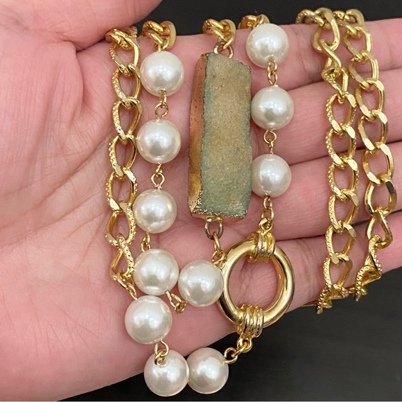 Gold-tone Chain Faux Pearl and Druzzy Crystal 34” Long Necklace - Picture 5 of 12